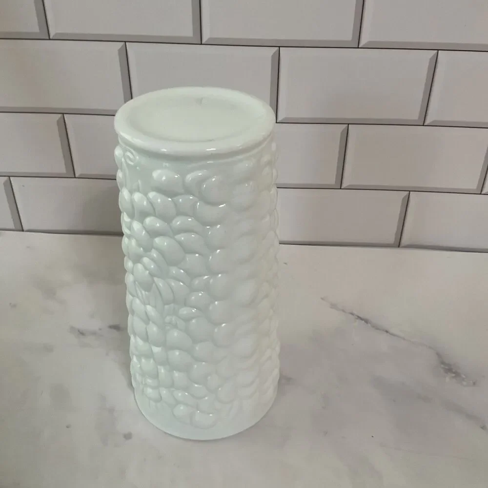 Vintage Milk Glass Grapes & Vines VASE 7.5” Tall 3.75” Round